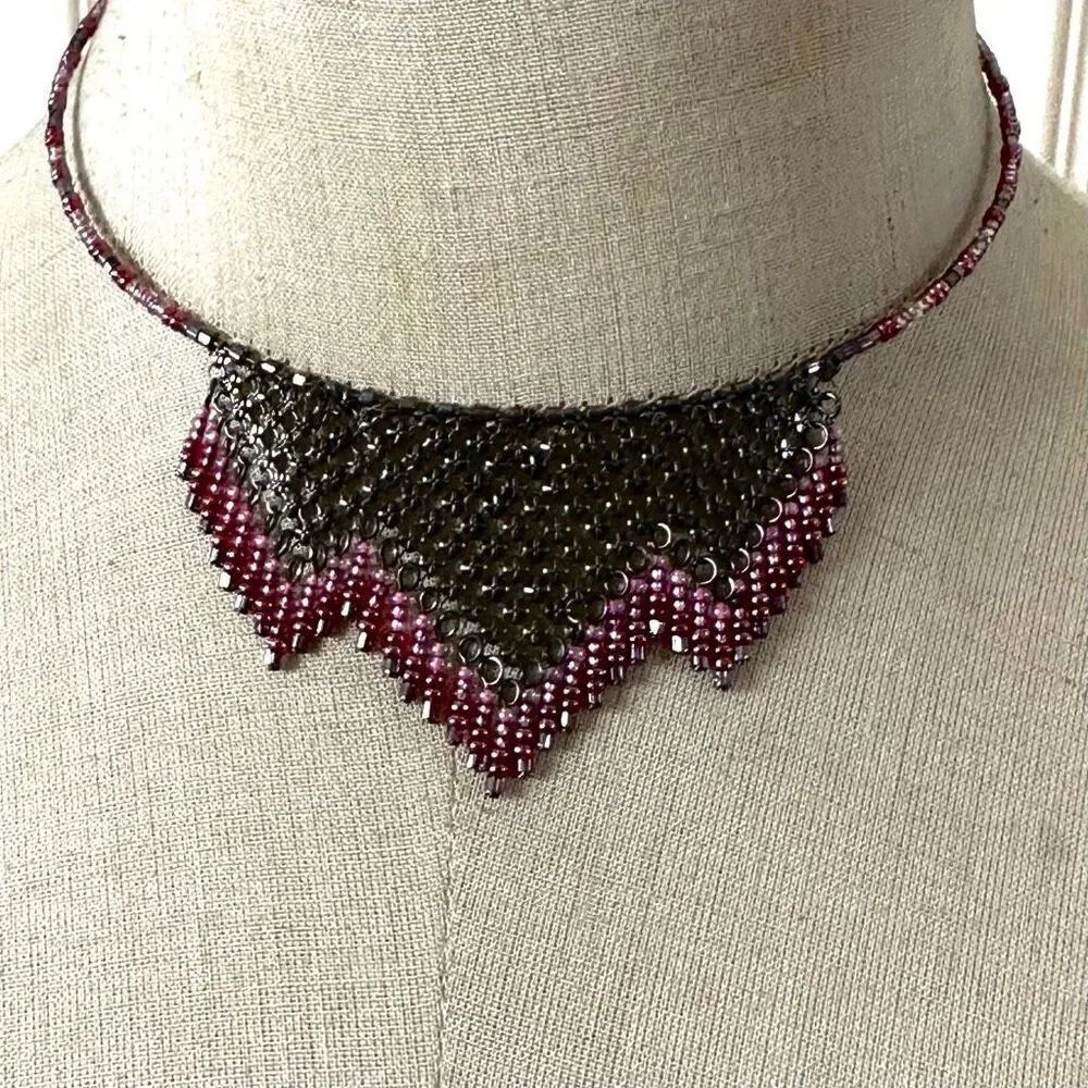 Guess Gunmetal Mesh & Beaded Choker Necklace | Pink Purple Seed Beads Statement